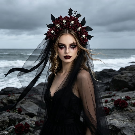 Halloween Witch Headband Headpiece, Wine Red Skull Flower Decor, Party Accessory, Completes Costumes and Adds Mysterious Flair for Themed Events, Photo Booths, and Gatherings.