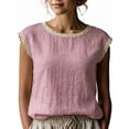 thumbnail image 2 of Women'S Crew Neck Casual Cap Sleeve Tops Lace Patchwork Basic Summer Loose Fit Blouse Pink M, 2 of 7