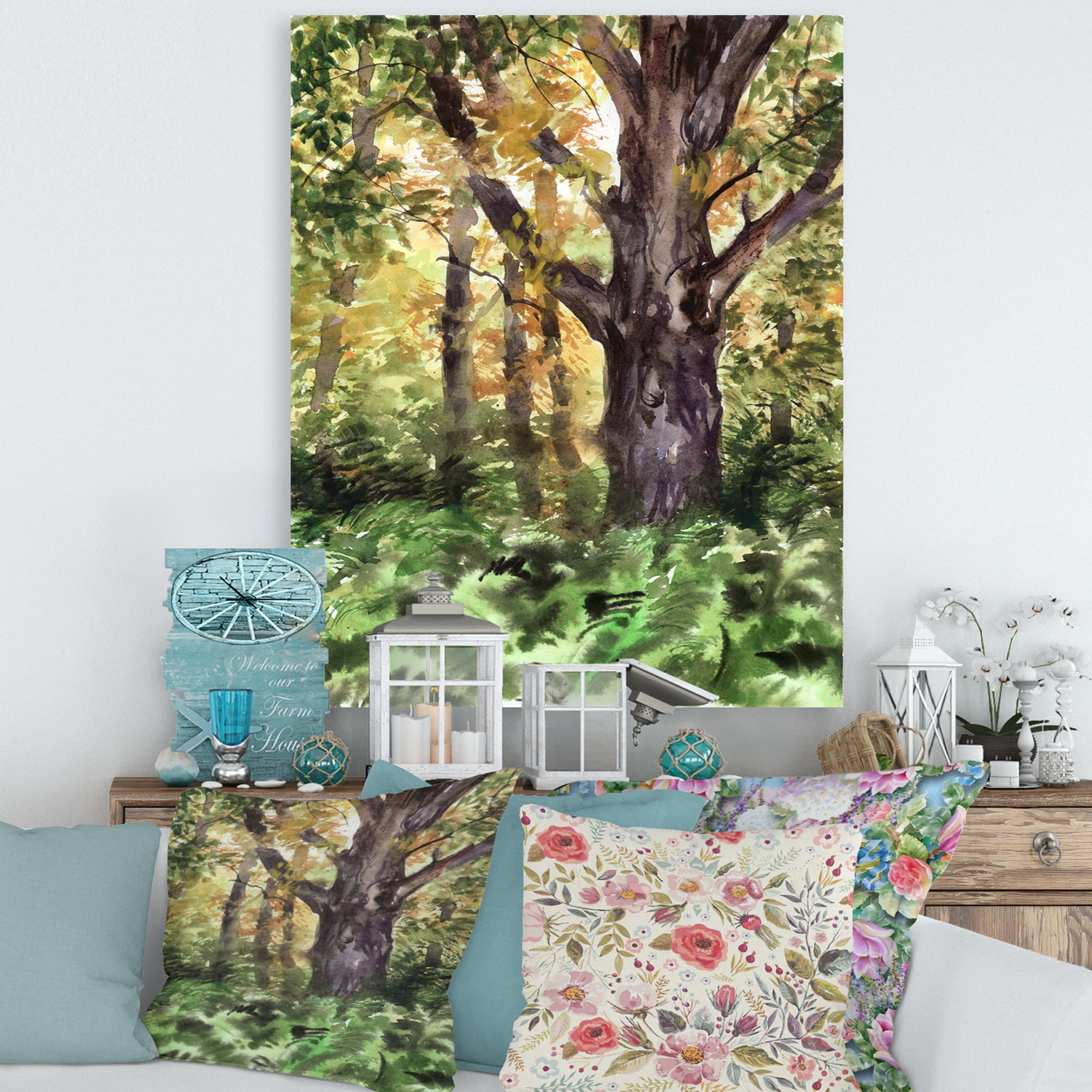 Designart ' Autumn Forest With A Large Tree ' Lake House Canvas Wall Art Print