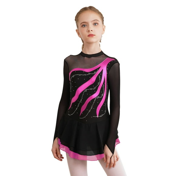inhzoy Kids Girls Ballet Dance Dress Gymnastic Leotards Long Sleeve Figure Skating Dress Lyrical Dancewear Hot Pink 14