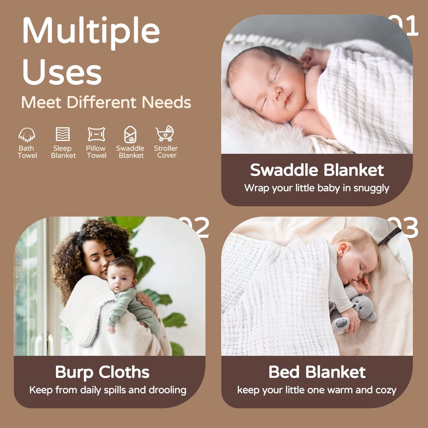 Hooded Baby Towels for Newborn 2 Pack 100% Muslin Cotton Baby Bath Towel with Hood for Babies, Infant, Toddler and Kids, Large 32x32Inch, Soft and Absorbent Newborn Essential