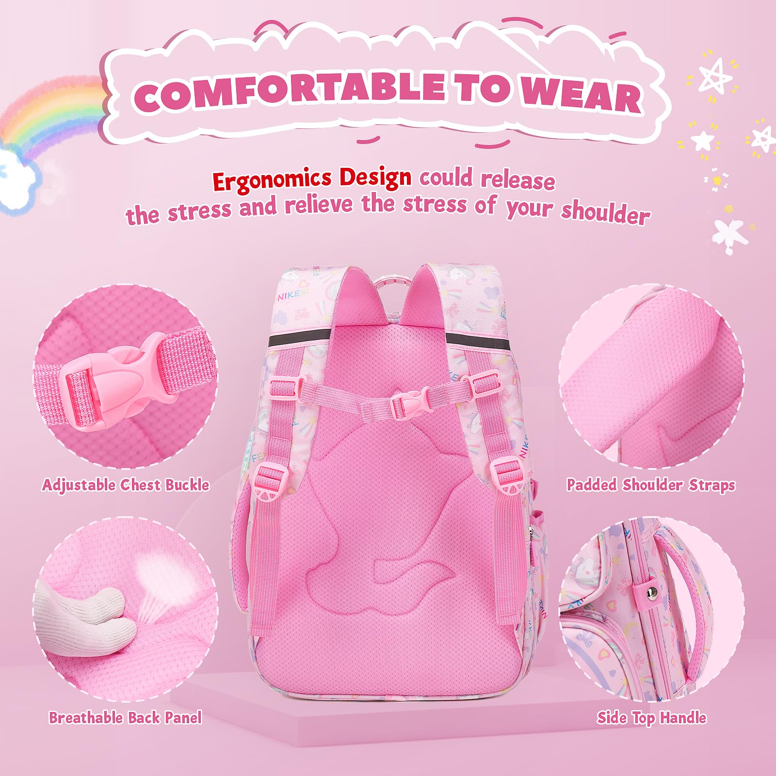 Mochila escolar para niñas, bonita con arcoíris, de gran capacidad y múltiples bolsillos, rosa 3