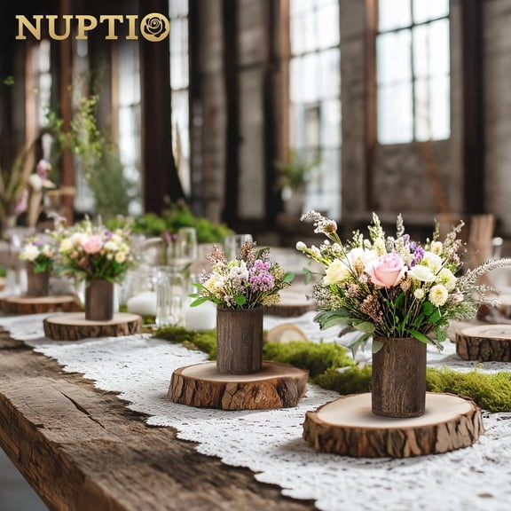 6 Pcs Rustic Wood Vases for Home Decor - Brown Small Wooden Centerpiece for Wedding Table Living Room Shelf Floral Arrangement