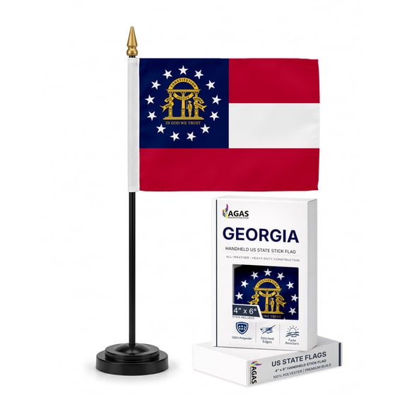 AGAS Georgia Stick Flag 4x6 Inch with 11 inch Plastic Pole - Printed Polyester - State of Georgia Small Flag on Stick