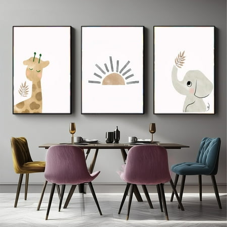 3pcs/set Framed Canvas Collection Stylish Space Artistic Tribute Giraffe Elephant Sun Lines Leaves Wild Fruit Simple Cute Wildlife Bar Cafe Home and Dorm Wall Decor Living Room