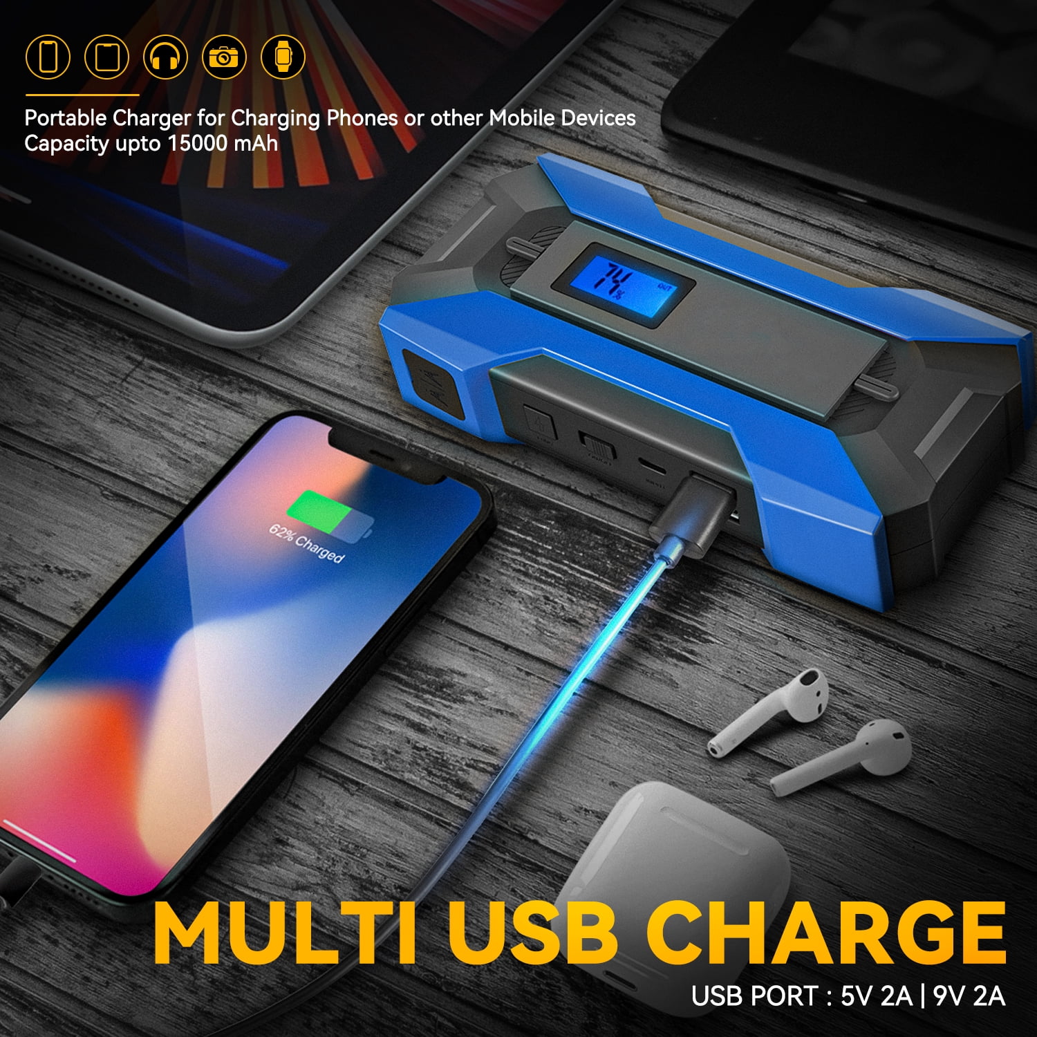 ‎12V 1500A 15000 mAh Multi-function Portable Car Battery Jump Starter for Up to 7.0L Gas & 5.5L Diesel Engine, With Carry Case Blue