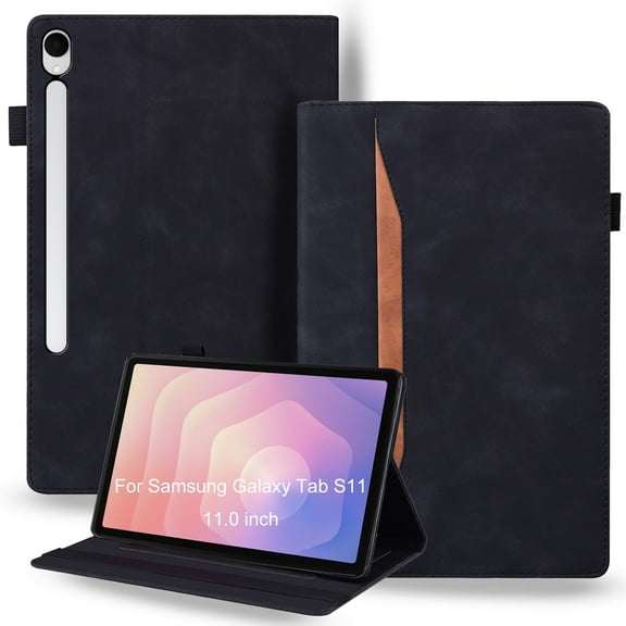 for Samsung Galaxy Tab S11 (SM-X730/SM-X736B) 11.0" Flip Case - PU Leather & TPU Hybrid Protective Shockproof Folio Cover with Anti-Slip Grip Strap, Card Slots Wallet & Stand,Black