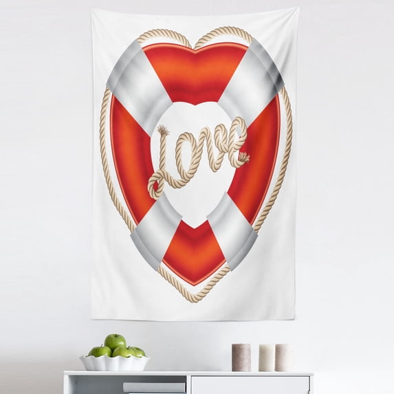 Romantic Tapestry, Heart Shaped Belt Valentine Love Affection Honeymoon Romantic Theme Art, Fabric Wall Hanging Decor for Bedroom Living Room Dorm, 5 Sizes, Orange White Cream, by Ambesonne