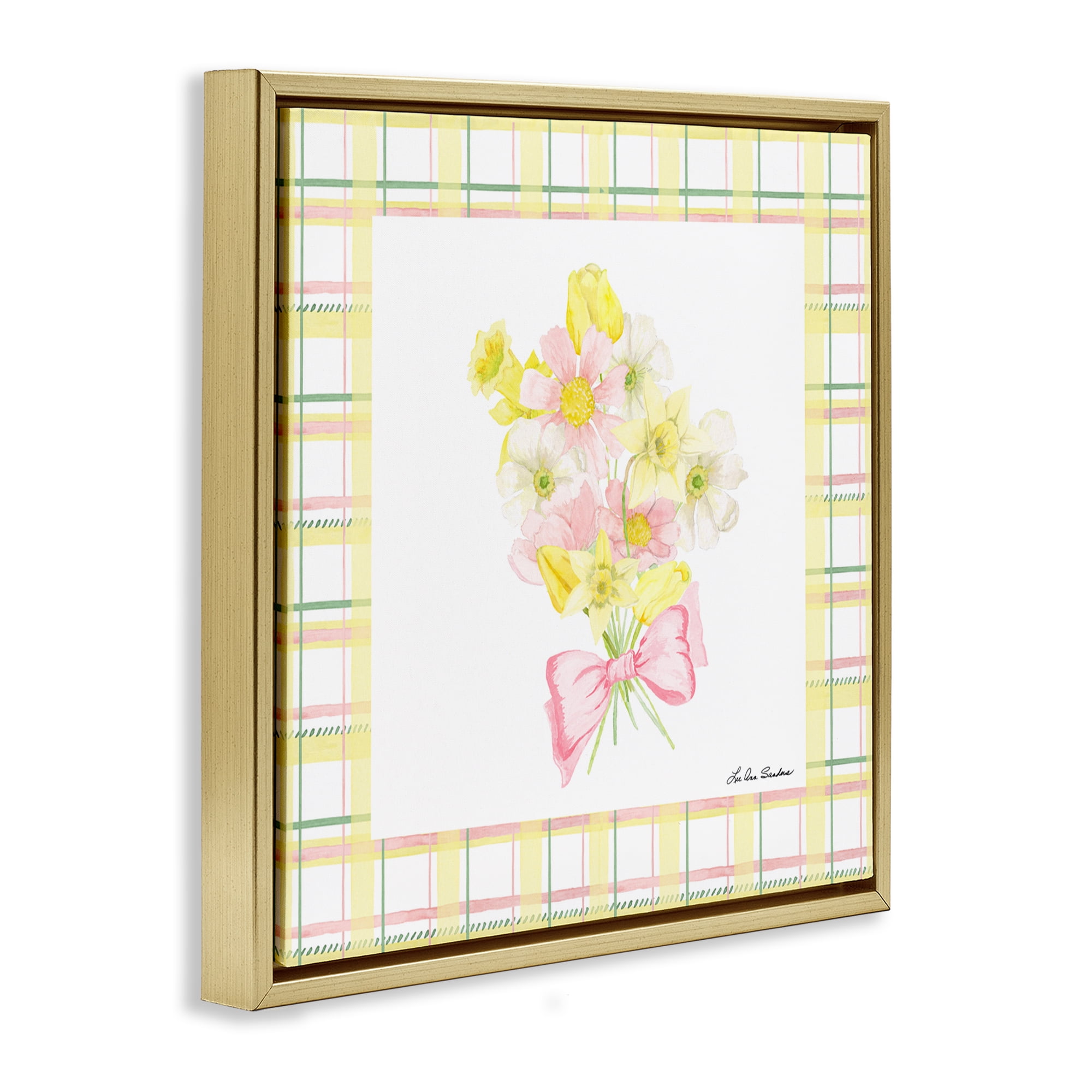 Spring Daffodils on Plaid Gold Framed Floater Canvas Wall Art, design by Lee Ann Sanders