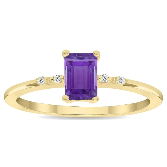 SZUL Women's Emerald Cut Amethyst and Diamond Sparkle Ring in 10K Yellow Gold