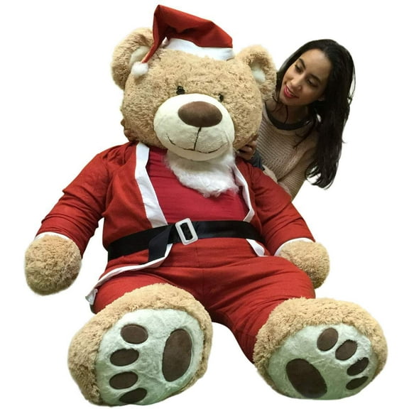 Giant Christmas Teddy Bear 60 Inch Soft, Wears Santa Claus Suit 5 Foot Xmas Teddybear Tan