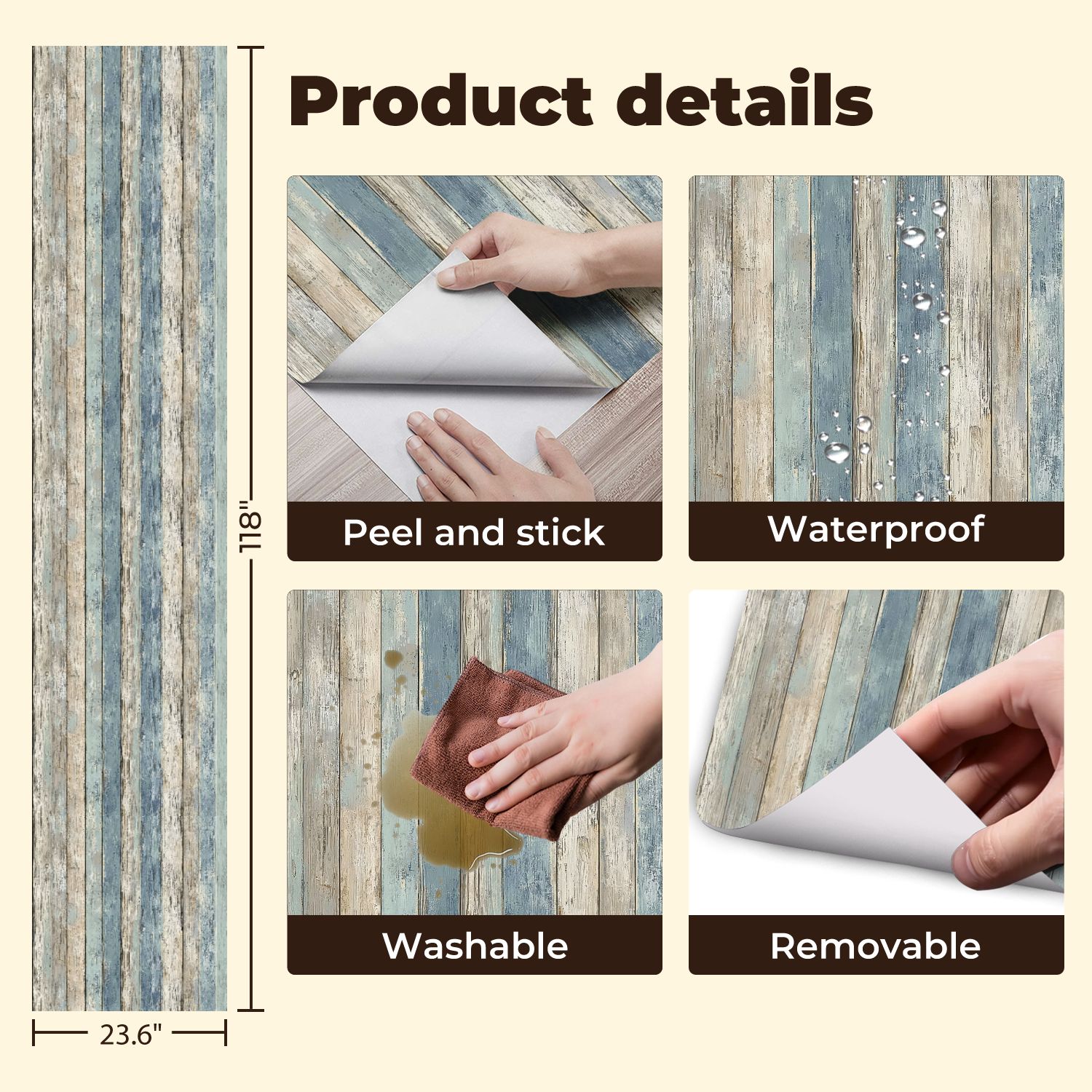 Peel and Stick Wallpaper 23.6in x 9.8ft Vintage Blue Neutral Wooden Plank Wall Design Contact Paper Vinyl Waterproof Self Adhesive Wall Paper for Shelf Cabinet Hunting Cabin