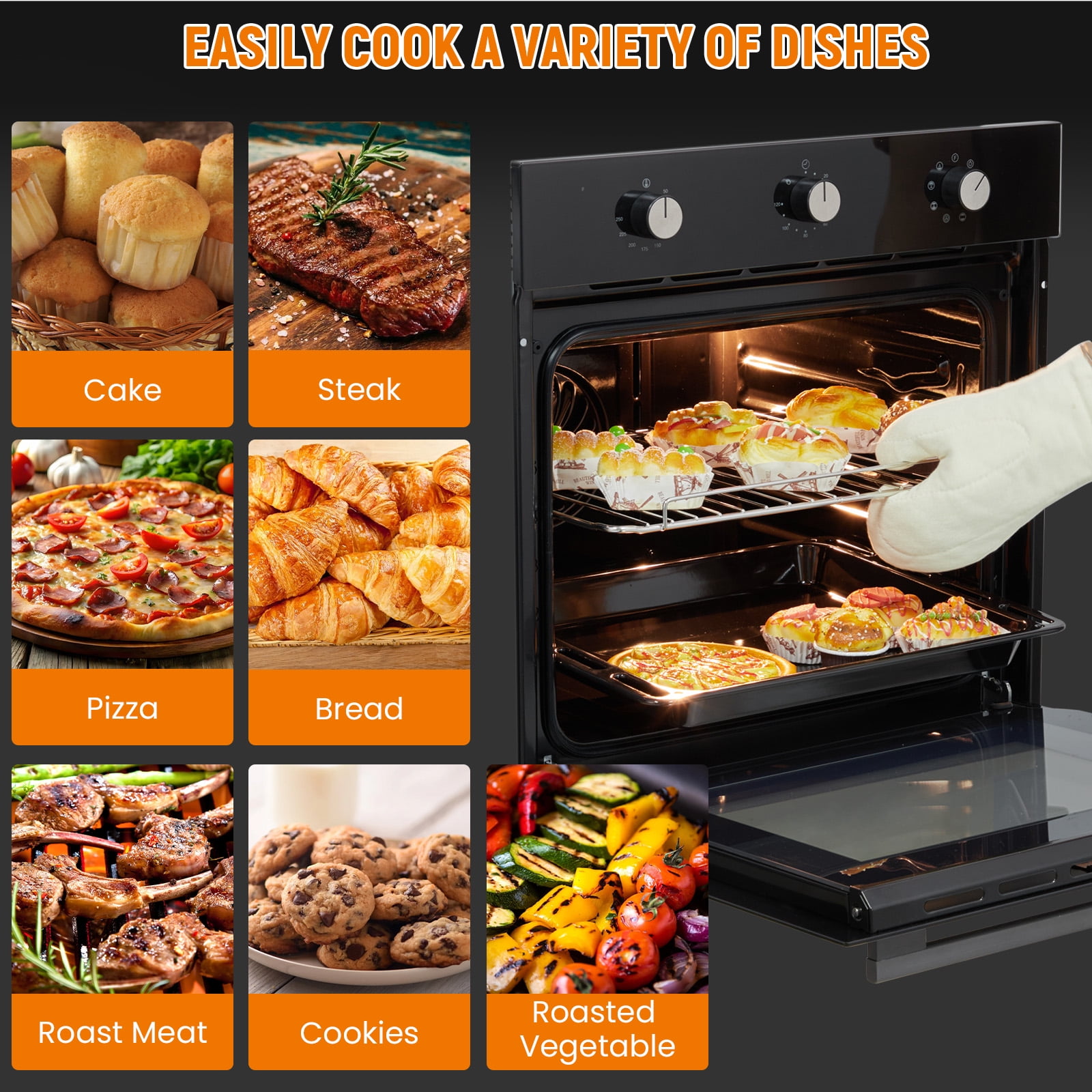 24" Built-In Single Wall Oven, Black Electric Convection Oven with 8 Cooking Functions, 108 Smart Menus & Mechanical Knobs