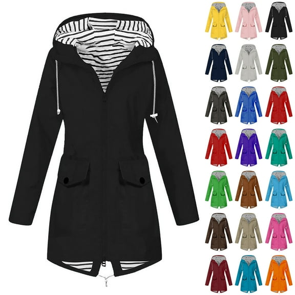 Otntypg Plus Size Rain Jacket for Women Lightweight Full Zip up Drawstring Long Hooded Raincoat Waterproof Outdoor Travel Hiking Windbreaker Trench Coats with Pockets Yellow XXXL