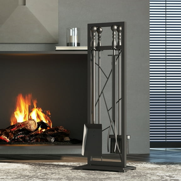 Fire Beauty 5 Pieces Fireplace Tools, Fireside Accessories Fire Kit Set, Stand Woodstove Tools Holder Wrought Iron Handle Indoor Fireset Stand (30.5 Inches)