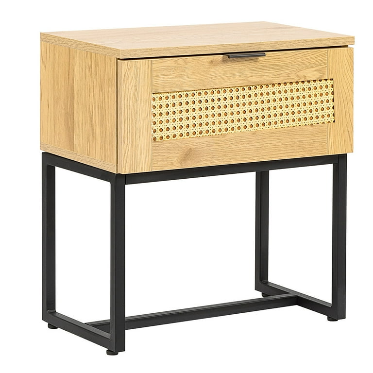 Wood Storage Nightstand SESSLIFE Side Table with Wicker Rattan