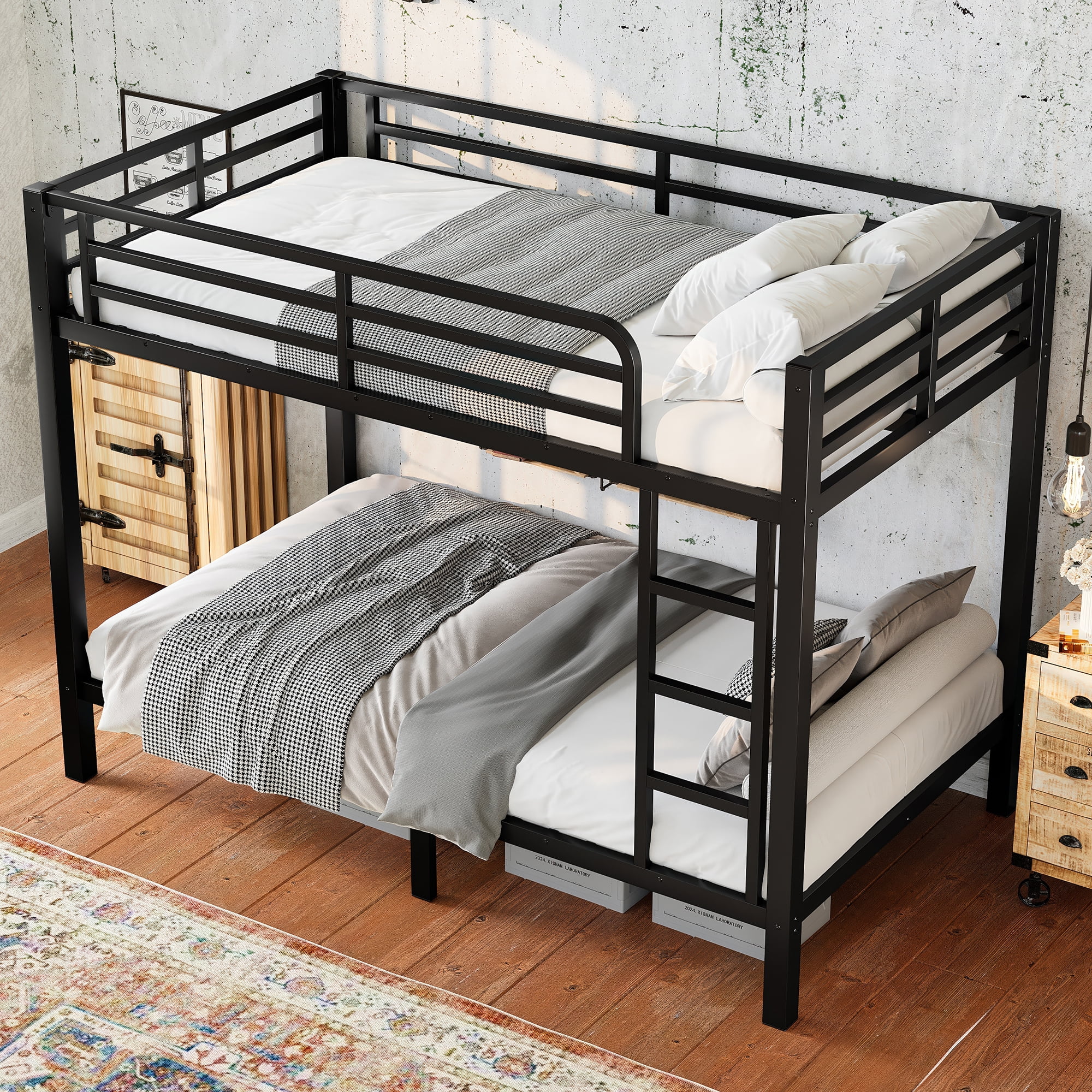 Mintazer Twin Over Twin Metal Bunk Bed with Guardrails, Noise-Free Design & Under-Bed Storage for Teens Adults Bedroom, Black