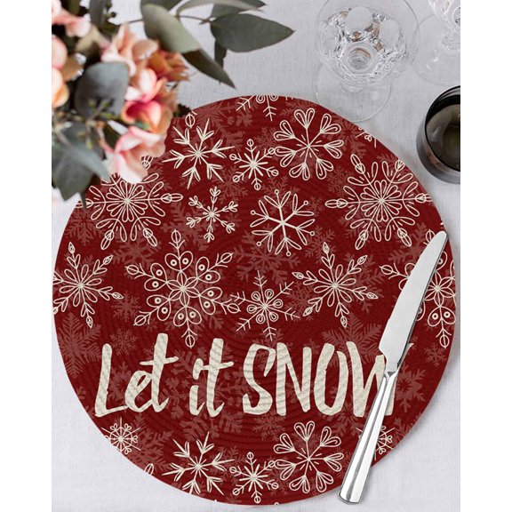 13 Inch Round Placemats Set of 4, Christmas Snowflakes Non Slip Heat Insulation PP Table Mats, Winter Xmas Flower Textured Red Washable Place Mats for Kitchen Dining Party Table Decor
