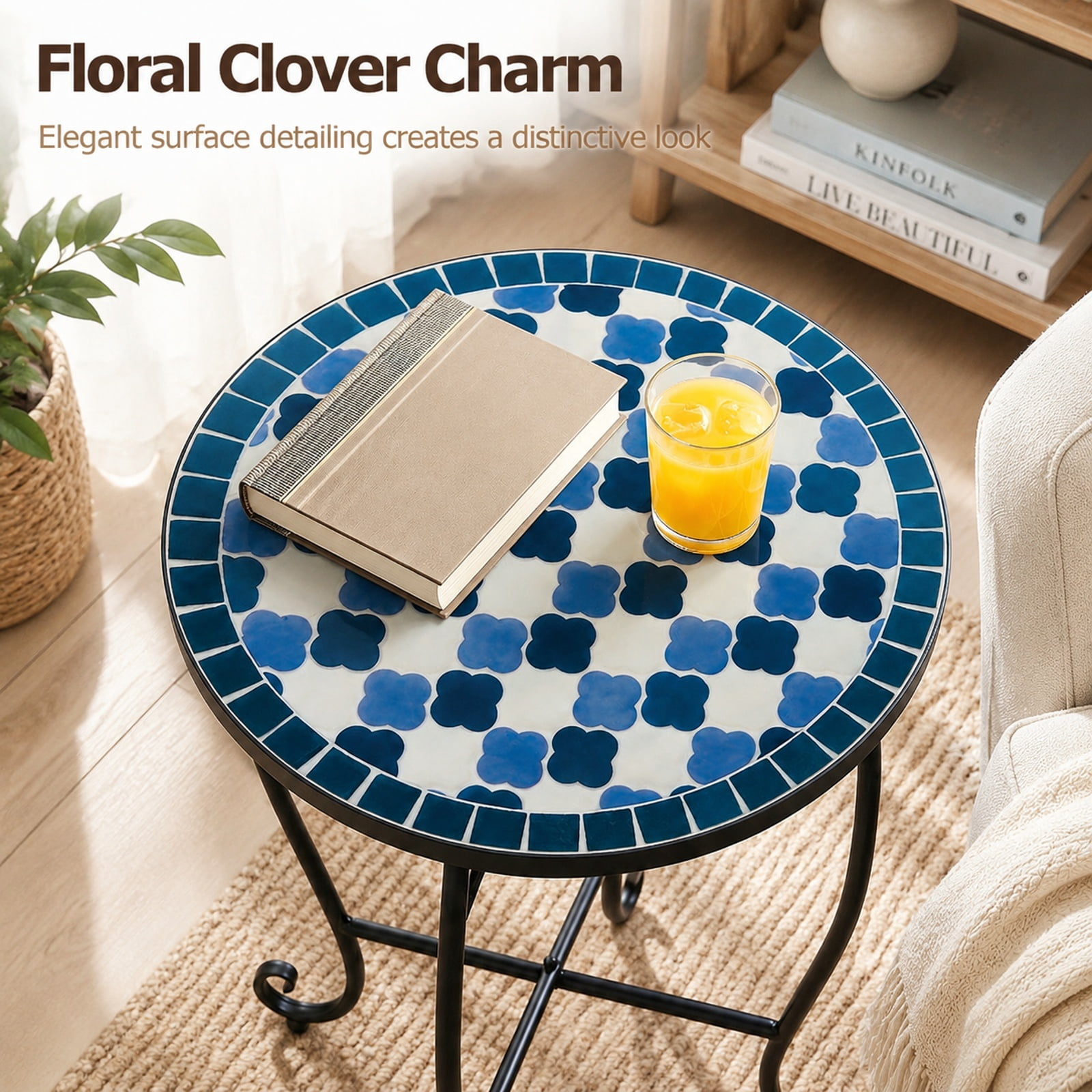 Biotree 14 Inch Metal Mosaic Accent Table, Outdoor Patio Side Table Plant Stand with Floral Clover Top and X-Frame Base for Backyard Poolside, Blue
