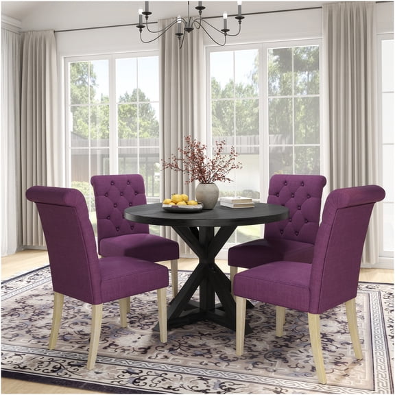 Banff 5-Piece Round Dining Table Set with Cross-Back Base and 4 Upholstered Chairs, Black and Purple