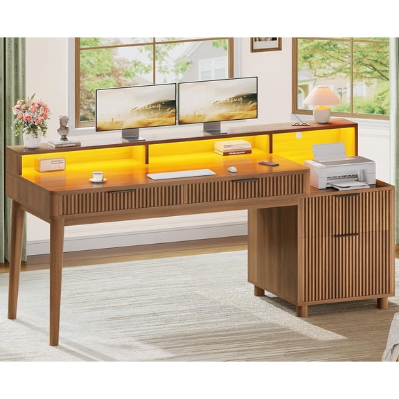 59 Inch Computer Desk with 4 Drawers, Fluted Office Desk with File Drawer, LED Lights and Power Outlets, Wood Writing Desk, Large PC Workstation for Home Office, Living Room, Bedroom, Brown