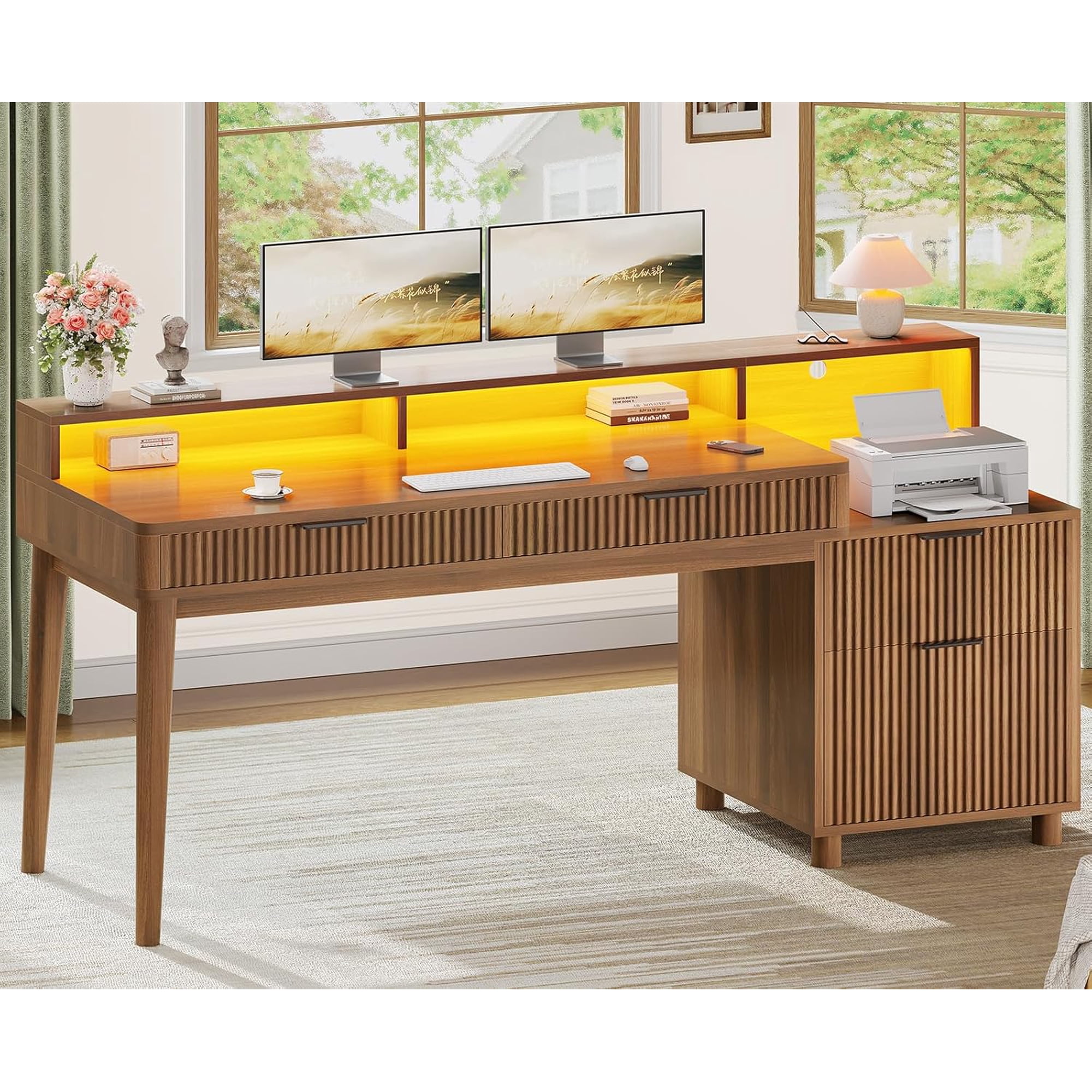 59 Inch Computer Desk with 4 Drawers, Fluted Office Desk with File Drawer, LED Lights and Power Outlets, Wood Writing Desk, Large PC Workstation for Home Office, Living Room, Bedroom, Brown