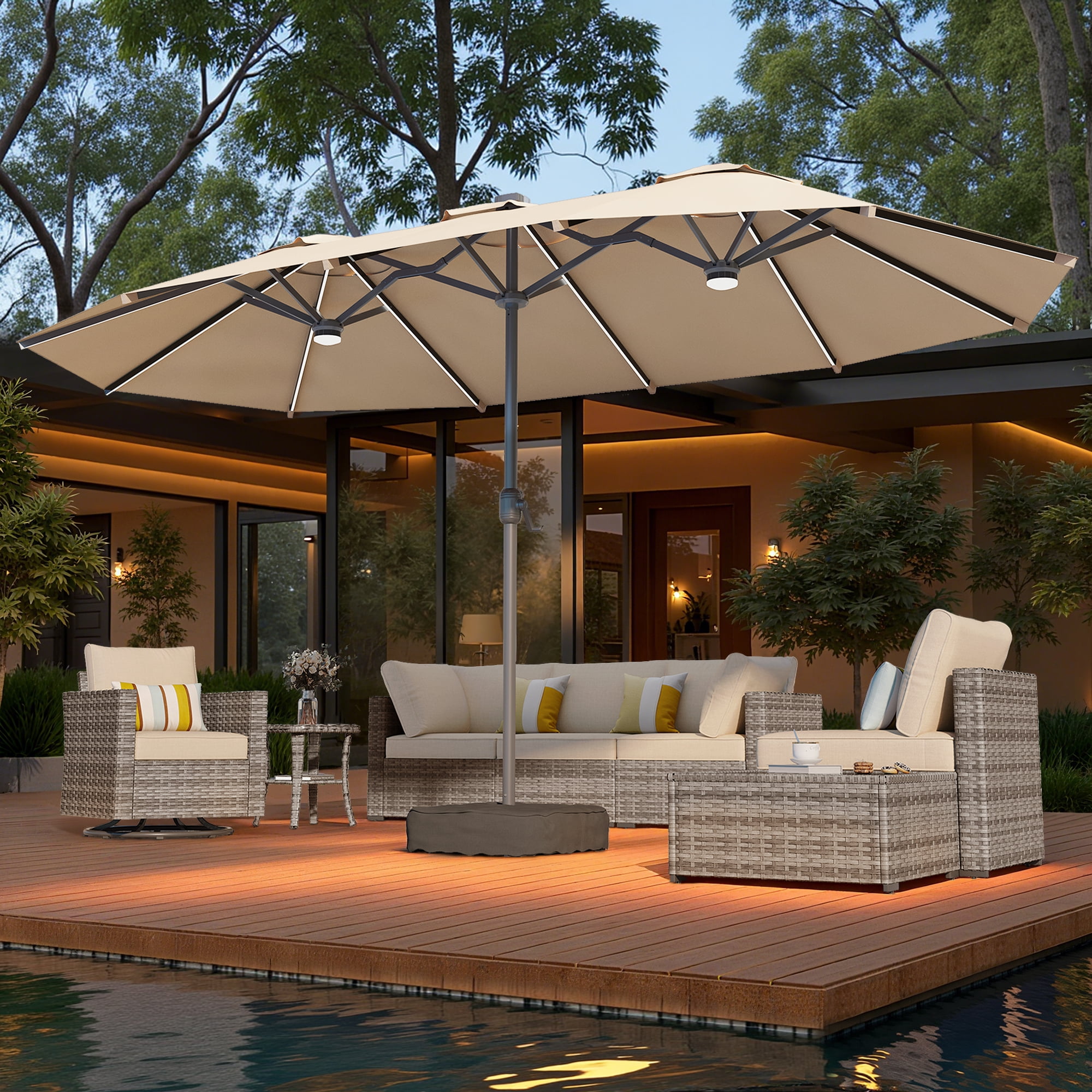 Toject 15ft Large Patio Umbrellas, Double-Sided Outdoor Market Rectangle Umbrellas, Extra Pool Umbrellas for Deck, Backyard, Outside (Tan, Base Included)