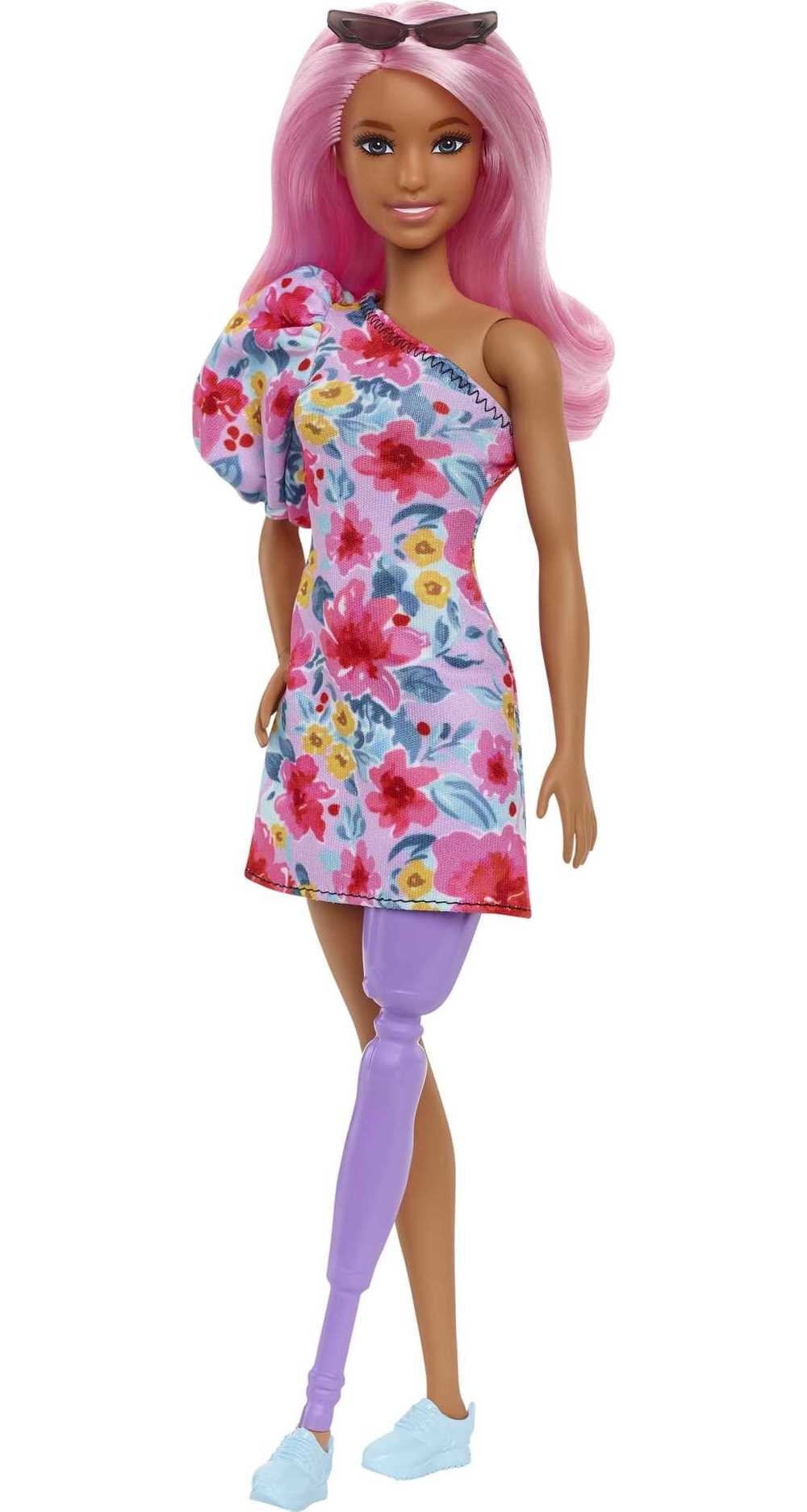 Barbie Fashionistas Doll #189 in Floral Dress with Prosthetic Leg, Pink Hair & Accessories