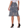 thumbnail image 3 of Faldas midi florales para mujer Inspire Chic, con volantes, cintura alta, fluida, en línea A, con abertura, longitud a la rodilla, color gris azul, 3 of 6