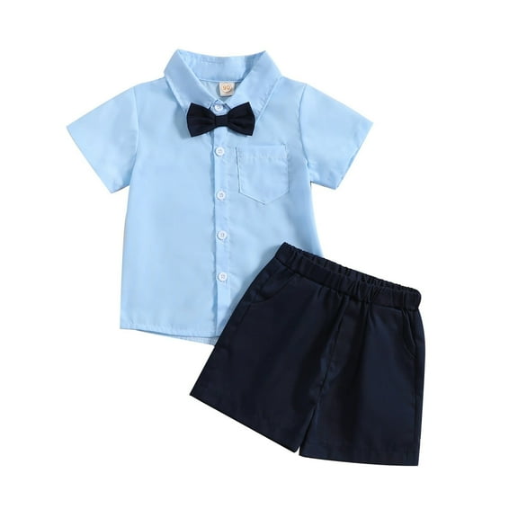 Toddler Boys Dress Suit Short Sleeved Light Blue Shirt With Bow Tie Dark Blue Shorts Performance Suit 3 Month