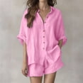 thumbnail image 4 of FengLS Women's Fashion 2 Piece Sets Lapel Collar Button Down Shirt & Short Pants Sets Cotton Linen Lightweight Breathable Sets for Daily Outdoor & Casual Home Wear, 4 of 9