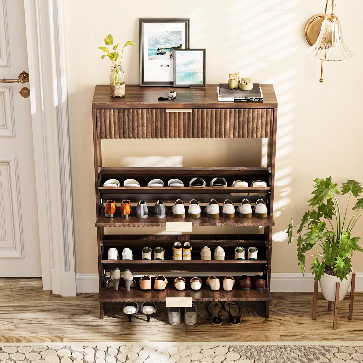 Howcool Fluted Entryway Shoe Cabinet with 2 Flip Drawers, Wood Narrow Freestanding Shoe Storage, Walnut