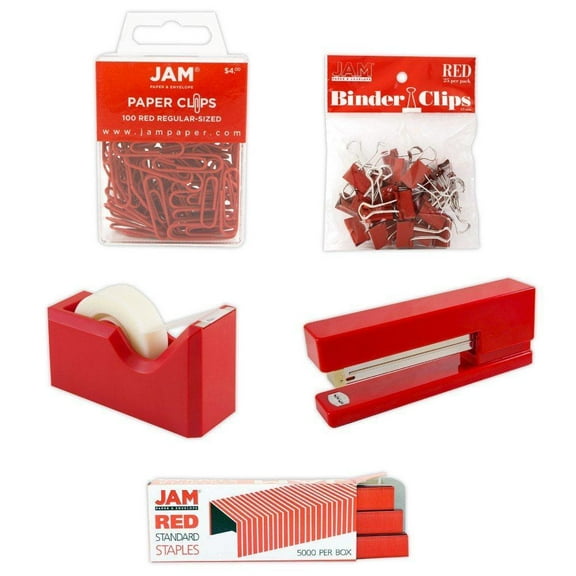 JAM Paper Office Starter Kit, Red, 5/Pack, Stapler, Tape Dispenser, Staples, Paper Clips & Binder Clips