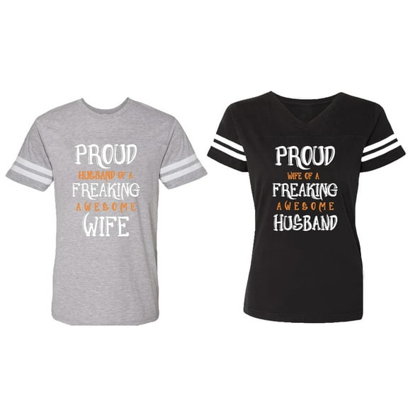 Proud Husband Freaking Wife Matching Couple Cotton Jerseys (Men Heather / Women Black) (Men S / Women S)