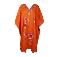 Mogul Women Orange Floral Embroidered Kaftan Tunic Dress Embellished Boho Chic Housedress Kimono Sleeves Short Caftan 3XL