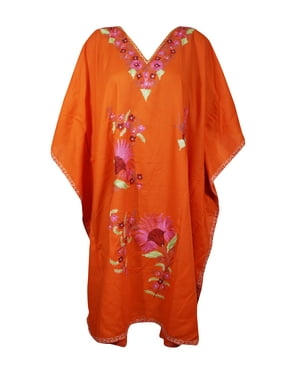 Mogul Women Orange Floral Embroidered Kaftan Tunic Dress Embellished Boho Chic Housedress Kimono Sleeves Short Caftan 3XL
