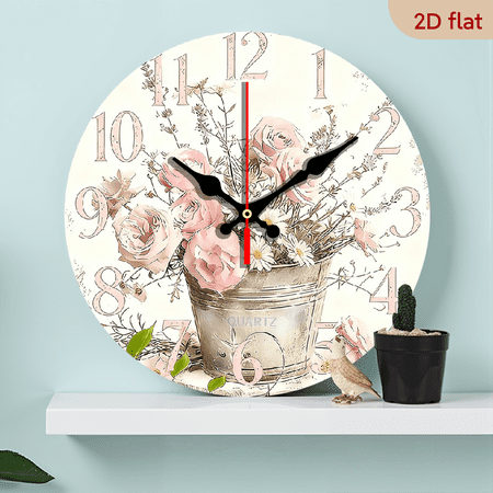 2D Flat 1pc 10Inch Wooden 1pc Elegant Floral Rose Daisy Wall Clock - Silent Swiss Quartz Movement, 10 Inch Round Modern Home Decor with Pink Roses Green Foliage, (aa Not Included)