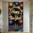 thumbnail image 3 of Fireworks Design Happy New Year Banner Clock Pattern New Year Display Golden Lettering Castle Scene Holiday Backdrop for New Year Party Holiday Celebration Indoor Decoration, 3 of 9