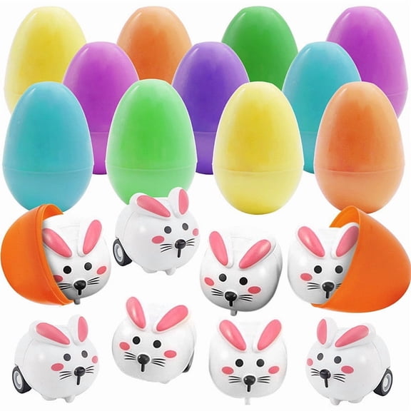 AURIGATE 24 PCS Easter Fillable Eggs with Pull-Back Bunny Cars, Colorful Plastic Eggs Containing Wind-Up Rabbit Toys, Easter Egg Hunt & Party Favors for Celebrations