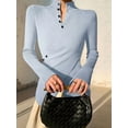 thumbnail image 2 of Women'S Knit Basic Sweater Elegant Stand Collar Button Slim Fit - Slit Long Sleeve Pullover Tops Light Blue M, 2 of 5