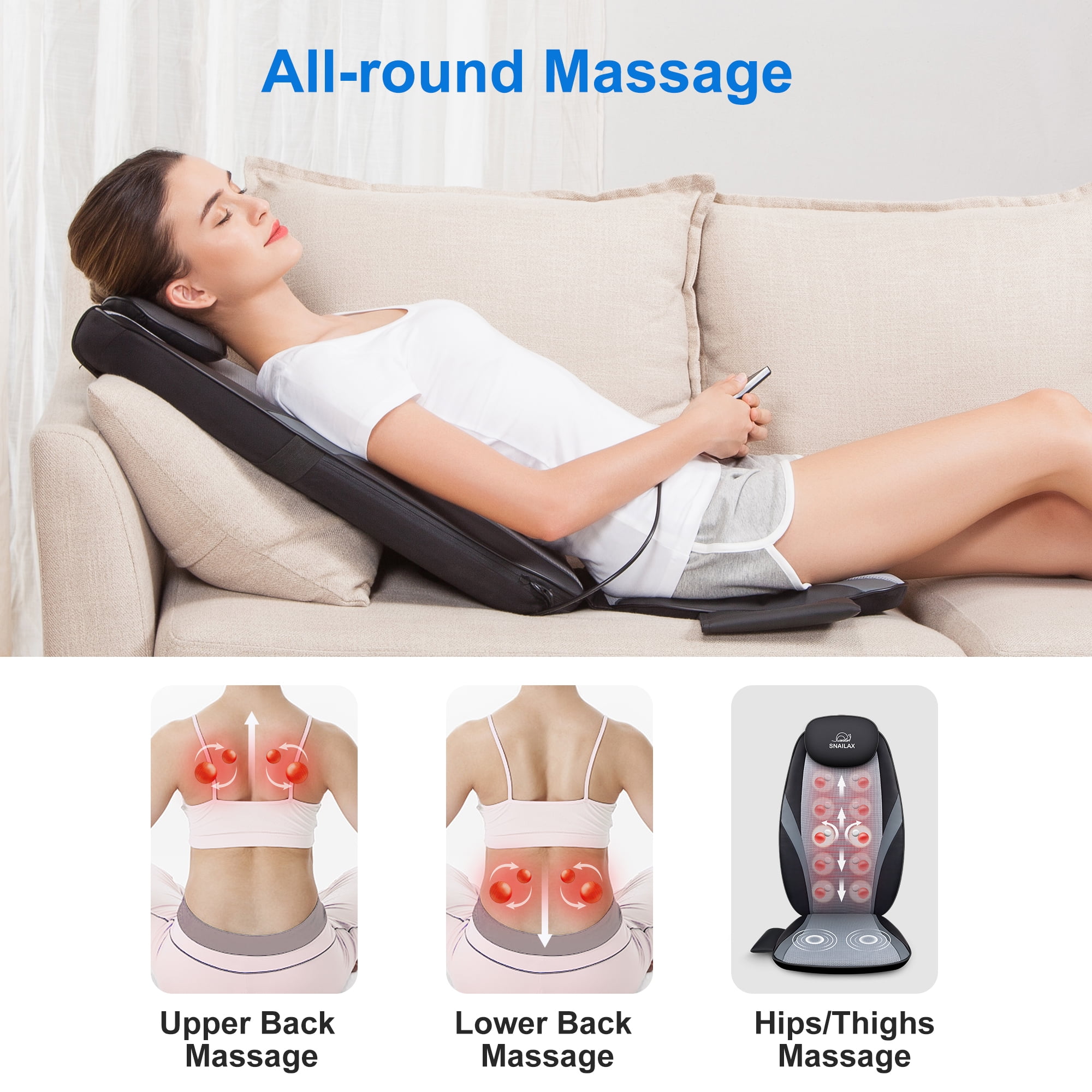 Snailax Shiatsu Massage Cushion with Heat Massage Chair Pad Kneading Back  Massager for Home Office Seat use