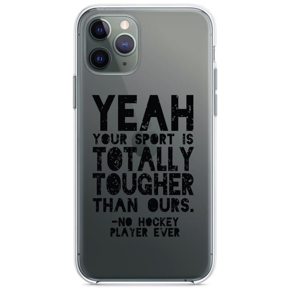 DistinctInk Clear Shockproof Hybrid Case for iPhone 13 (6.1" Screen) - TPU Bumper Acrylic Back Tempered Glass Screen Protector - Yeah Your Sport Is Totally Tougher Hockey