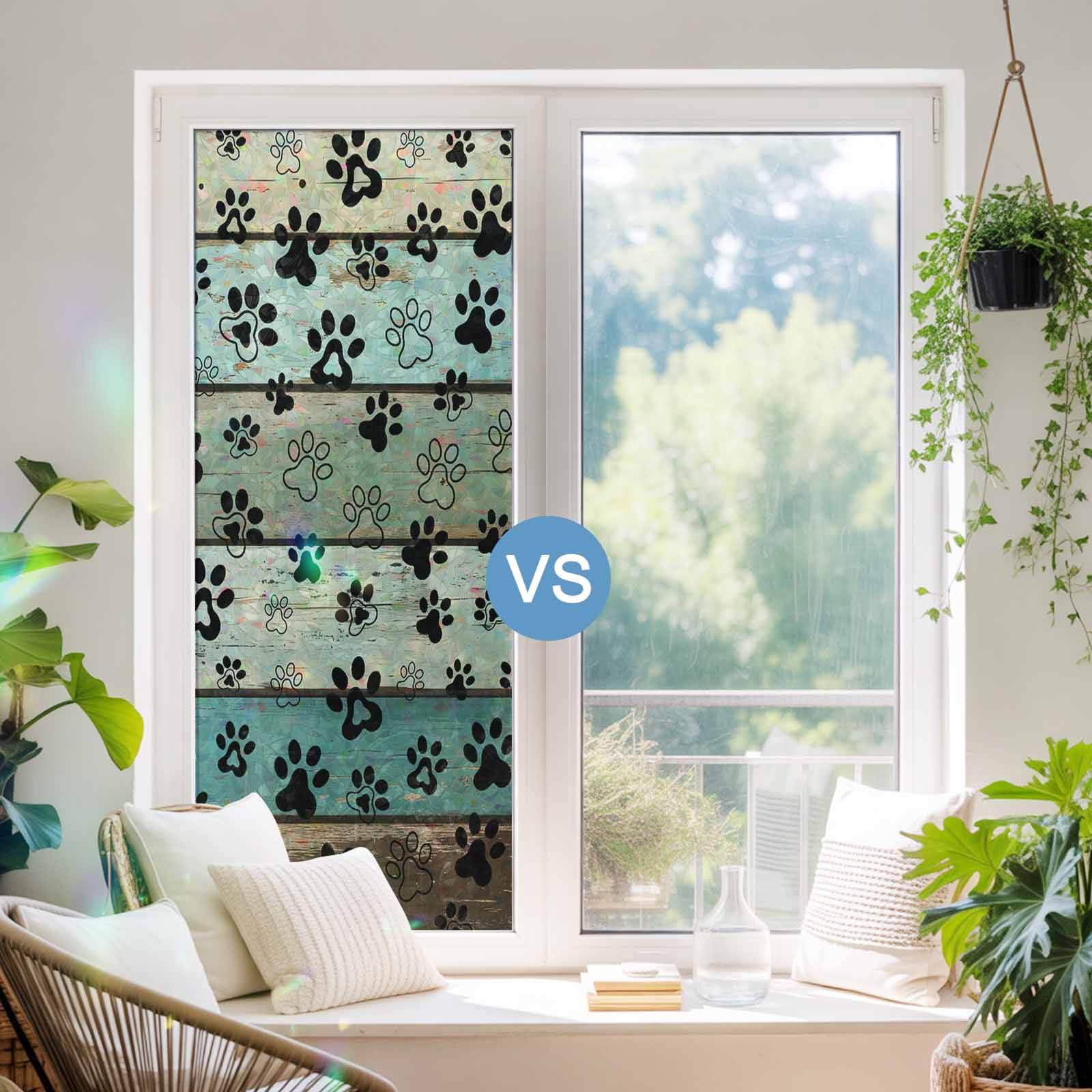 Sage Green Brown Paw Prints Window Privacy Film Rainbow Static Cling Stain Glass Window Film for Door, Decorative Sunroof Decal Sticker for Car Bathroom 17.7"x78.7" Vintage Farmhouse Wooden Grain