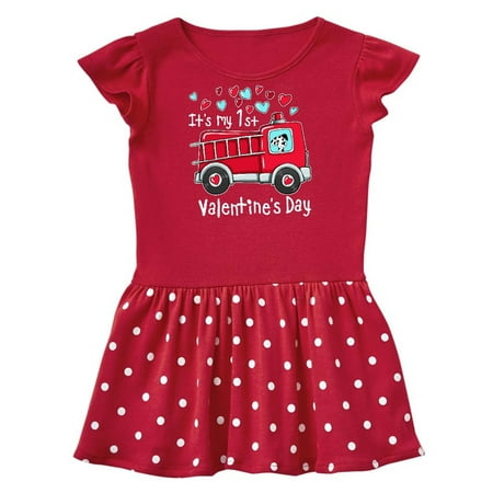 

Inktastic It s My 1st Valentine s Day Fire Truck with Cute Dalmatian Gift Baby Girl Dress