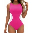 thumbnail image 2 of Women One Piece Tummy Control Swimsuit Ribbed Color Block Bathing Suits Backless High Neck Swim Suit Hot Pink 2XL, 2 of 6