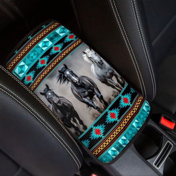 Renewold Car Center Console Cover for Women Men, Comfortable Soft Armrest Cover Pad Car Interior Accessories Decor Fit Most Vehicle, Southwest American Tribal Horse Teal Gray