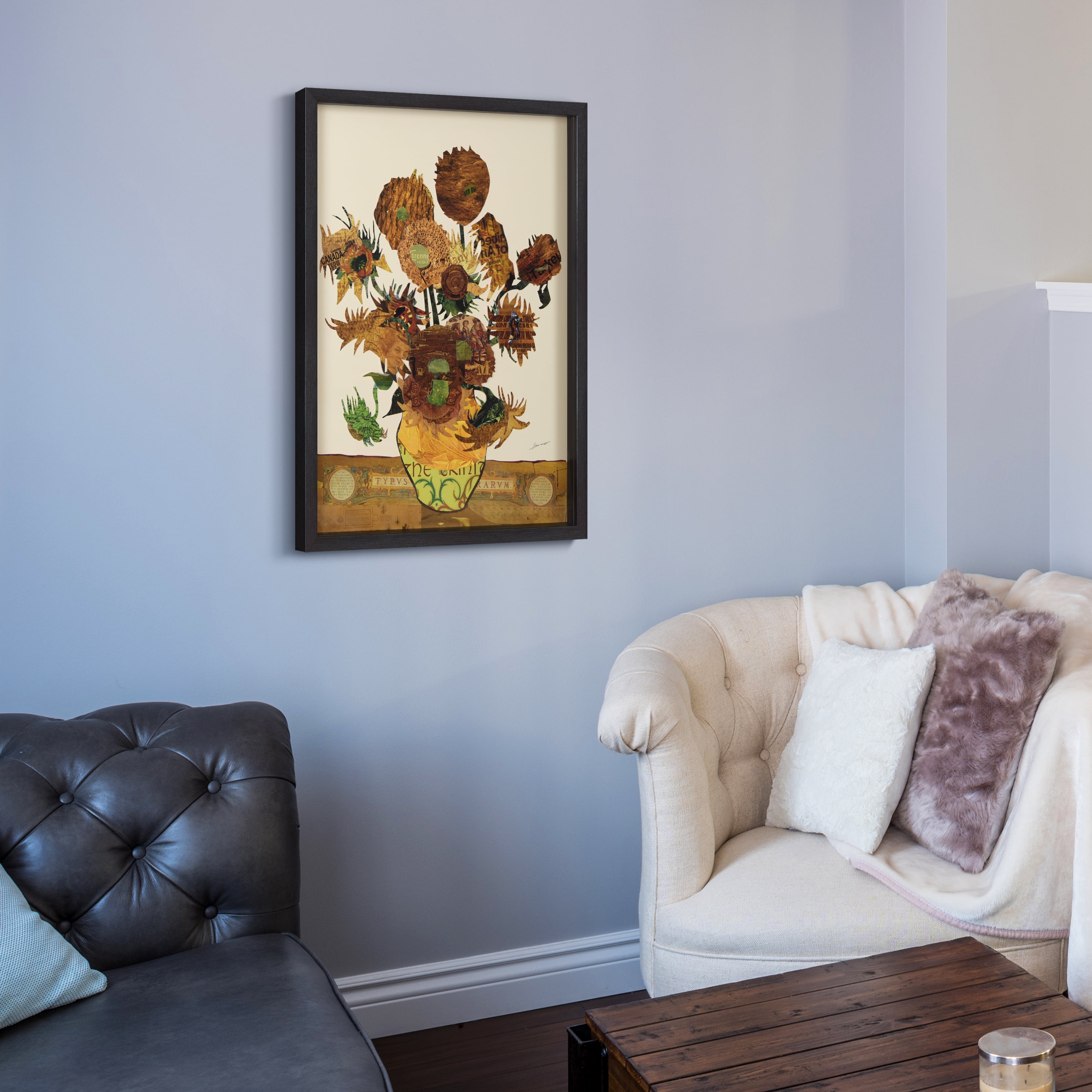 "Sunflower Embrace"Alex Zeng’s dimensional collage, under glass & a black shadow box frame