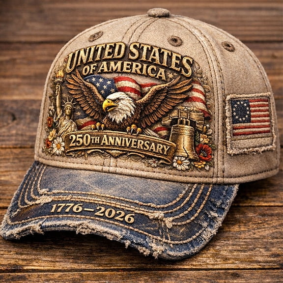 250th Anniversary USA Hat 1776-2026, Vintage Washed Patriotic Baseball Cap with Bald Eagle & Statue of Liberty, Trendy Distressed Style USA Flag Trucker Hat for Men Women