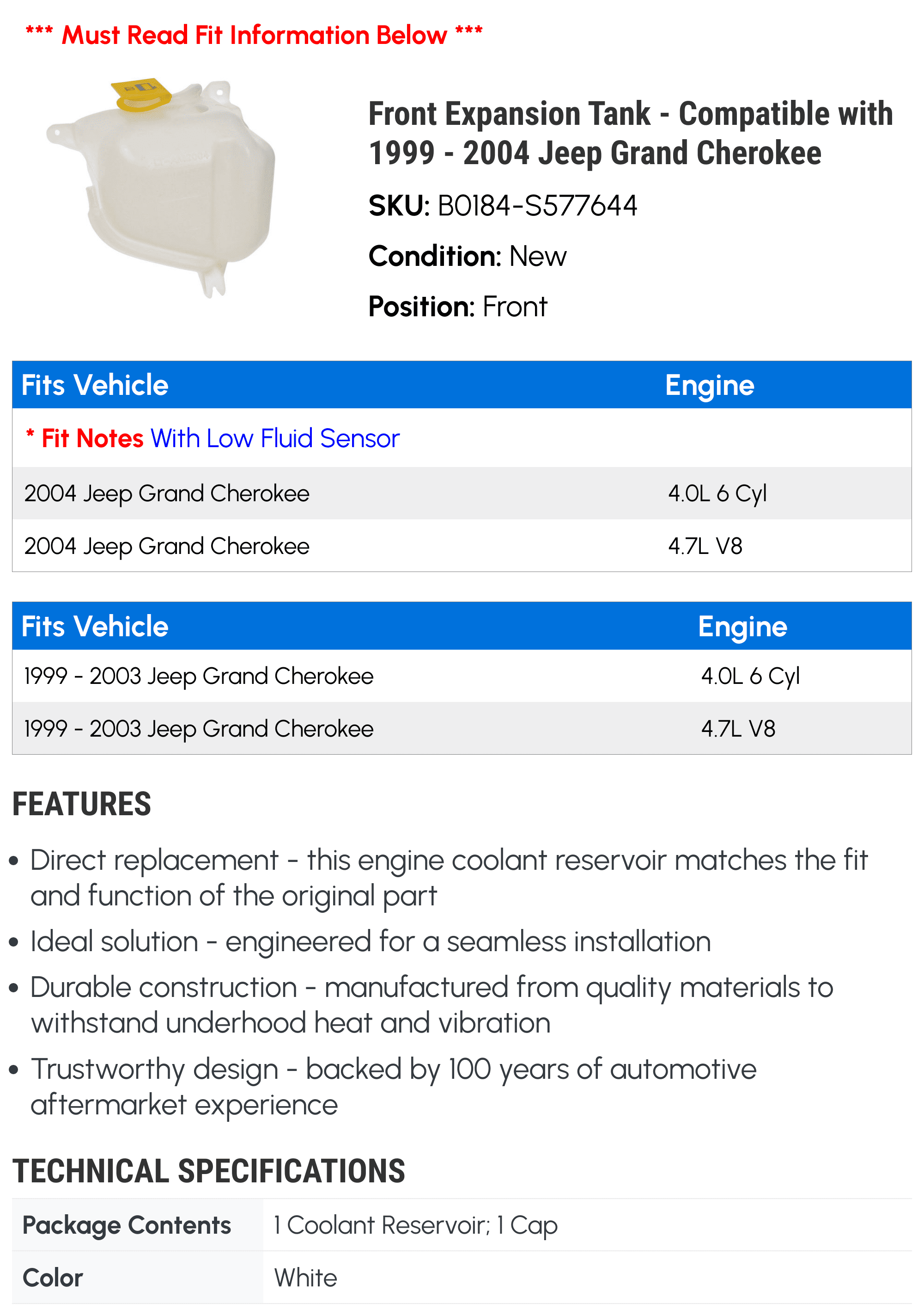 Front Expansion Tank - Compatible with 1999 - 2004 Jeep Grand Cherokee 2000 2001 2002 2003