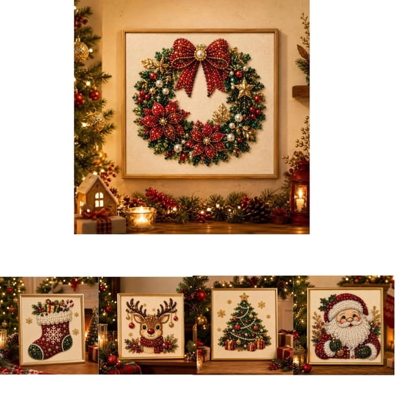 Christmas Wreath Pearl Diamond Painting Kits for Adults, 5D DIY Christmas Pearl Diamond Painting Art Kit for Beginners, Christmas Tree DIY Special Shape Pearl Gem Crafts for Home Wall Decor